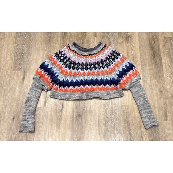 Free People Cropped Fair Isle Knit Sweater Gray Multicolor Womens Medium - Picture 1 of 10